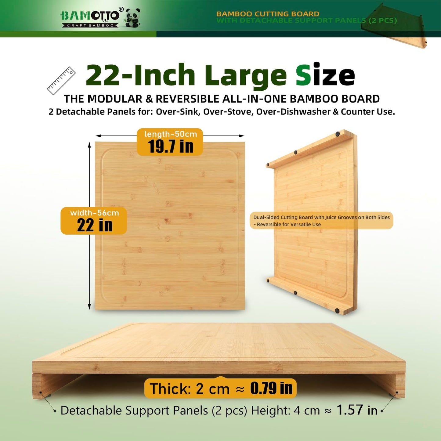 BAMOTTO CRAFTBAMBOO 18.1x21.3 Inch Large Bamboo Cutting Board with 2 Detachable Support Panels, Reversible, Kitchen Countertop Dishwasher Cover & Over Sink, Tray and Carving Board