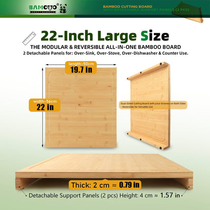 BAMOTTO CRAFTBAMBOO 18.1x21.3 Inch Large Bamboo Cutting Board with 2 Detachable Support Panels, Reversible, Kitchen Countertop Dishwasher Cover & Over Sink, Tray and Carving Board