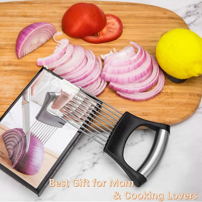 ESINAM Onion Slicer Holder, Premium Vegetable Slicer Cutter for Potato and Tomato, Sharp Stainless Steel Food Slicer Assistant Tool for Slicing Fruit Lemon and Meat