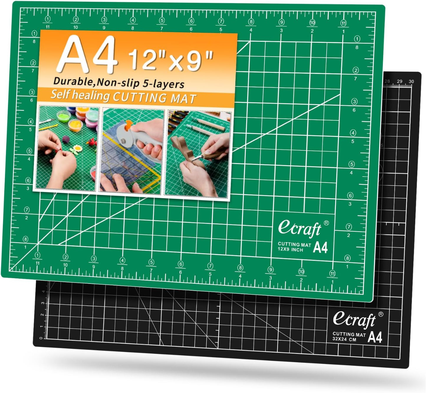 Ecraft Self Healing Cutting Mat 18x12 Inch A3, 5-Ply Double Sided Rotary Cutting Board with Grid, Grey/Black for Sewing, Quilting, Fabric & Craft Projects