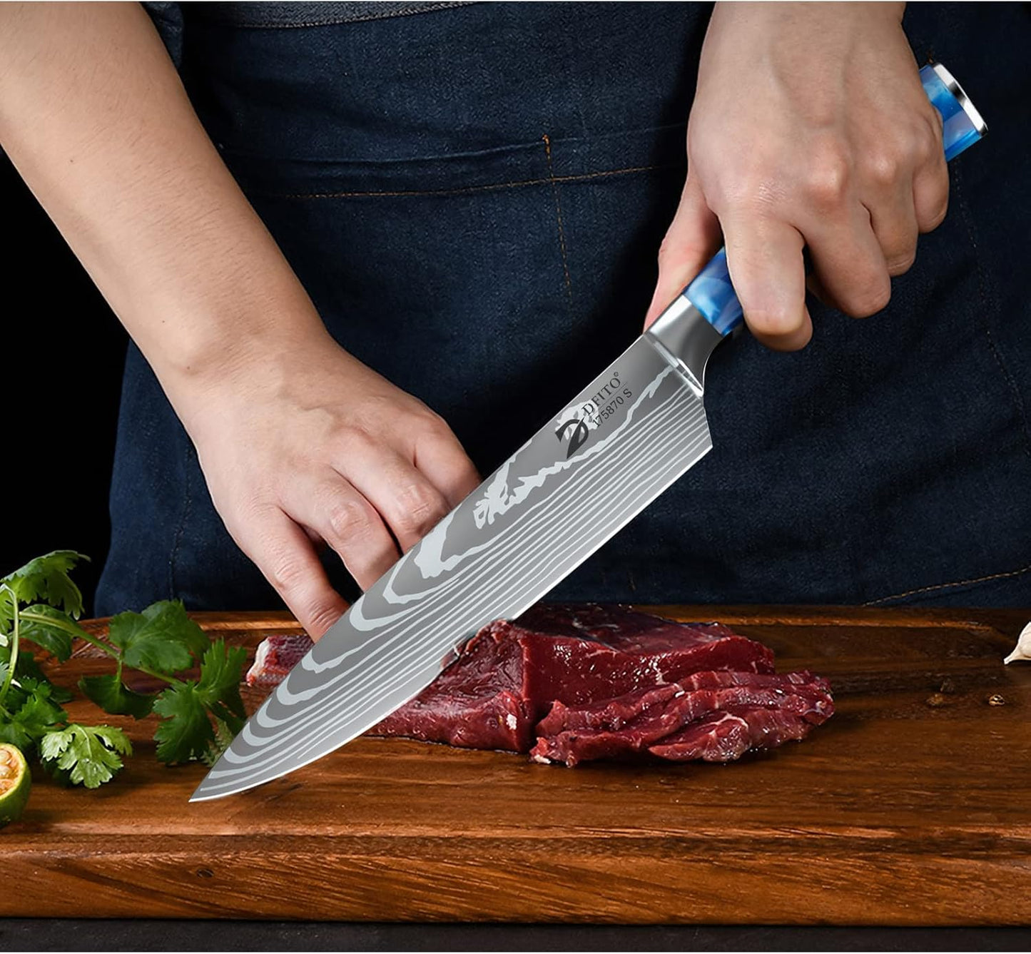 Dfito Chef Knife Sets with Roll Bag, 9 Pieces Professional Knife Set, High Carbon Stainless Steel Kitchen Chef Knife Set, Blue Resin Handle, Dishwasher Safe