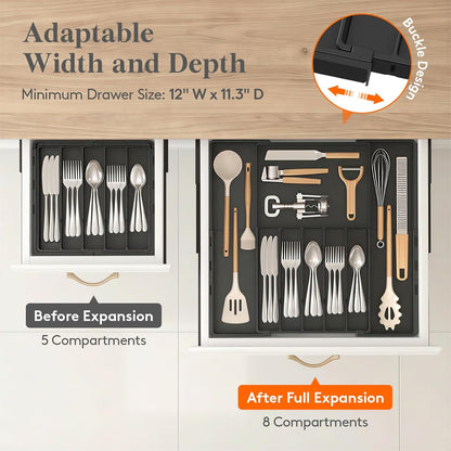 Lifewit Silverware Drawer Organizer, Expandable Utensil Tray for Kitchen, BPA Free Flatware and Cutlery Holder, Adjustable Plastic Storage for Spoons Forks Knives, 4-7 Slots, White
