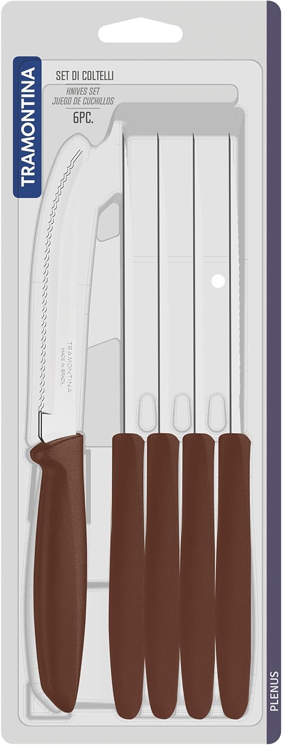 Tramontina Kitchen Knives Set of 6, Serrated Fruit Tomato Cooking Knife, Vegetable Chopper Peeler, Stainless Steel, Multipurpose, Pointed Tip, Brown, 23498454
