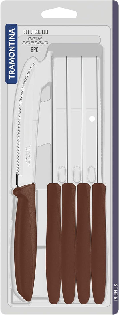 Tramontina Kitchen Knives Set of 6, Serrated Fruit Tomato Cooking Knife, Vegetable Chopper Peeler, Stainless Steel, Multipurpose, Pointed Tip, Brown, 23498454