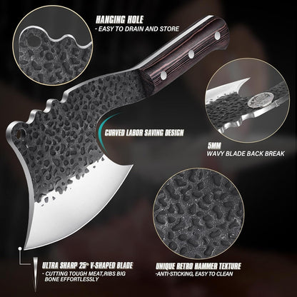 Dream Reach Meat Cleaver, 6.9 inch Black Boning Knife, High Carbon Steel Sharp Kitchen Forged In Fire Knife with Sheath Gift Box Bottle Opener for Outdoor Camping, Christmas Gifts for Men Women