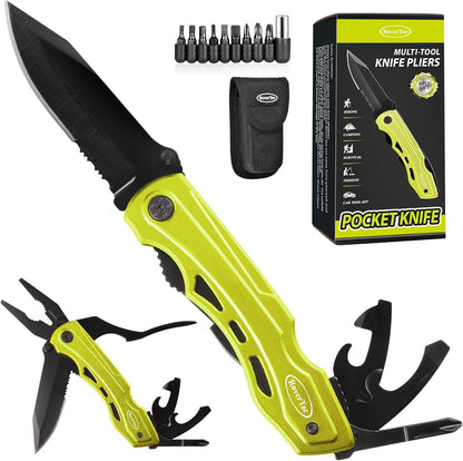 RoverTac Pocket Knife, 15-in-1 Multitool with Pliers, Bottle & Can Opener, 9 Screwdriver Bits, Locking Mechanism & Nylon Sheath - EDC Multi Tool for Camping, Hiking & DIY, Gift for Men & Dad