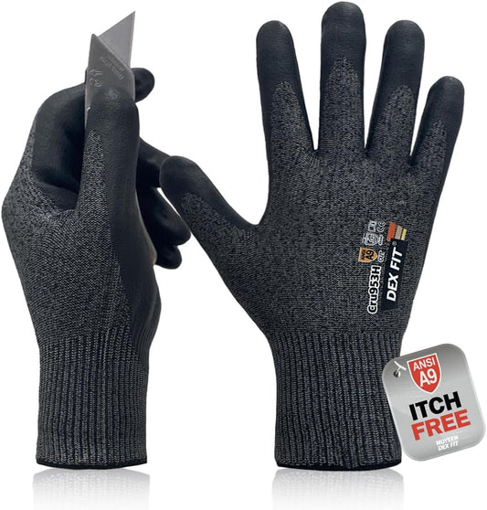 DEX FIT Cru953H Level A9 Cut Resistant Gloves, Fiberglass-Free, Power Grip Foam Nitrile, 3D Comfort Fit, Touchscreen, 13-Gauge for Sheet Metal, Stamping, Glass, Recycling; Blackgray XS 1 Pair