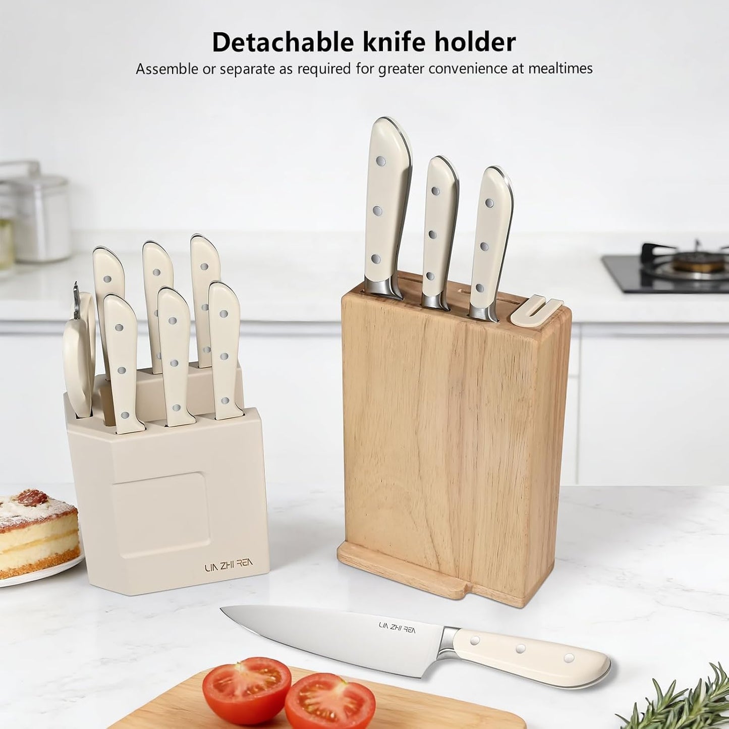 13 Piece Knife Set，Kitchen Knife Block Set，White stainless steel knife set with sharpener for Chopping, Slicing, Dicing & Cutting，Dishwasher safe
