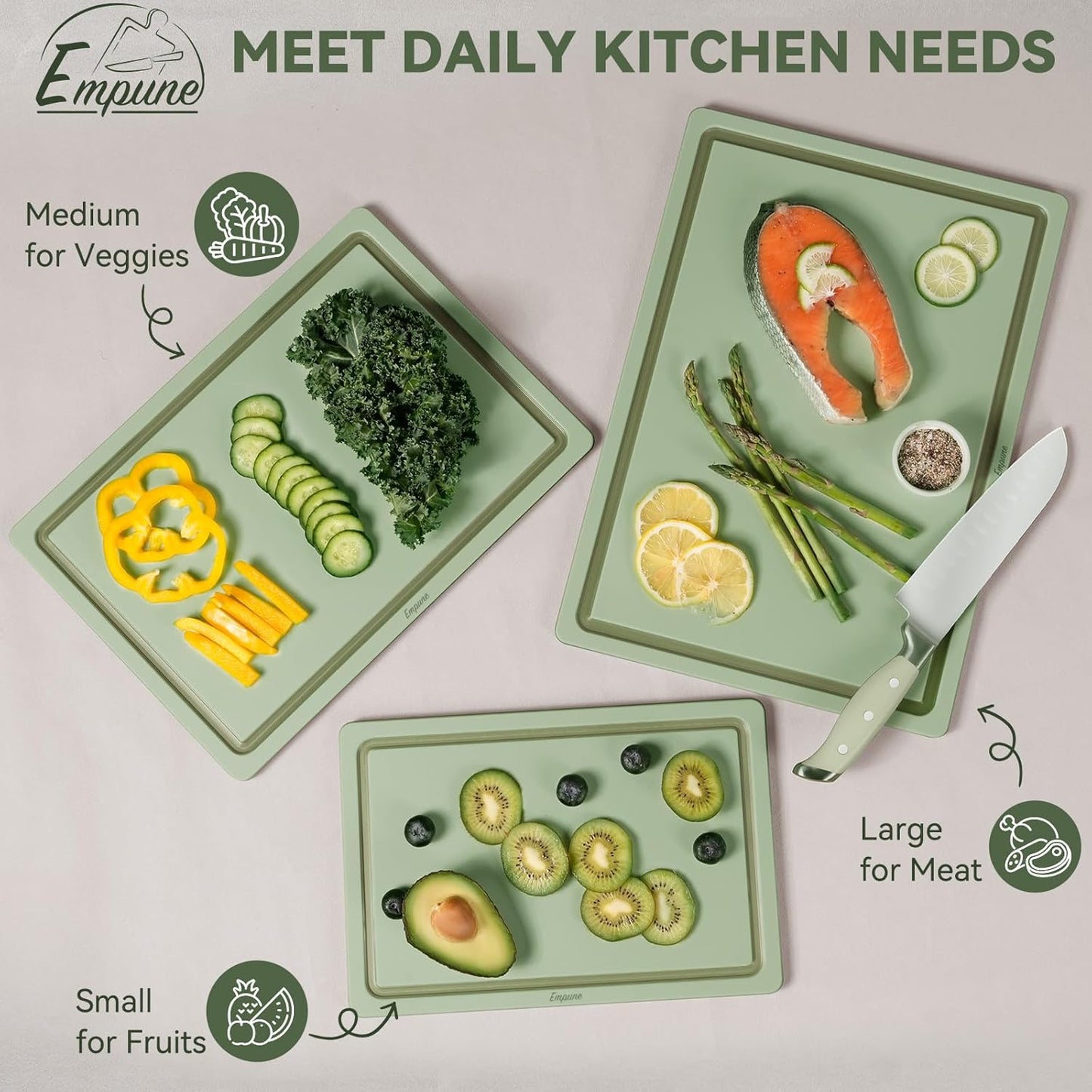 Empune 3-Piece Plastic Cutting Boards for Kitchen - Thick & Non-Slip Chopping Board Set with Juice Grooves, Dishwasher Safe, BPA Free, Includes Large & Small Sizes, Gray