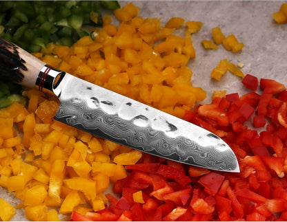 SUNLONG Usuba & Nakiri Knife 6.5 inch Fruit and Vegetable Knife Japanese Hammered Damascus Steel Super sharp - Natural Deer Horn Handle
