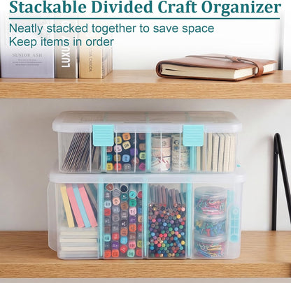 BTSKY Clear Plastic Dividing Storage Box with 4 Compartments Adjustable Storage Bin with Lid Plastic Craft Storage Container Multipurpose Sewing Box Art Supply Organizer, 13.3x8.1x3.4 Inches