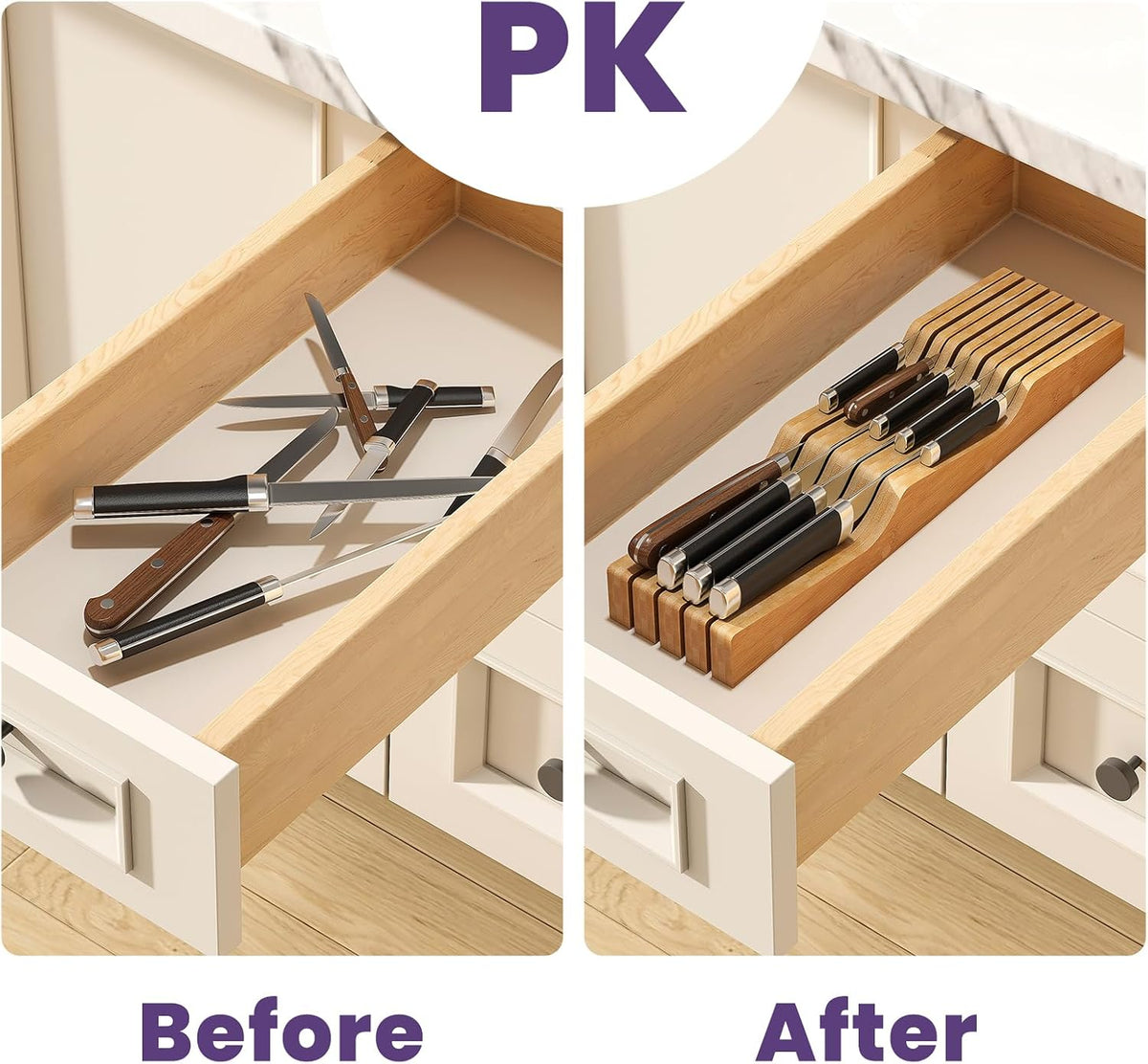 Bamboo In-Drawer Knife Block for 11 Knives(Not Included), Knife Drawer Organizer,Knife Holder Countertop,Block Knife Storage Organizer for Kitchen