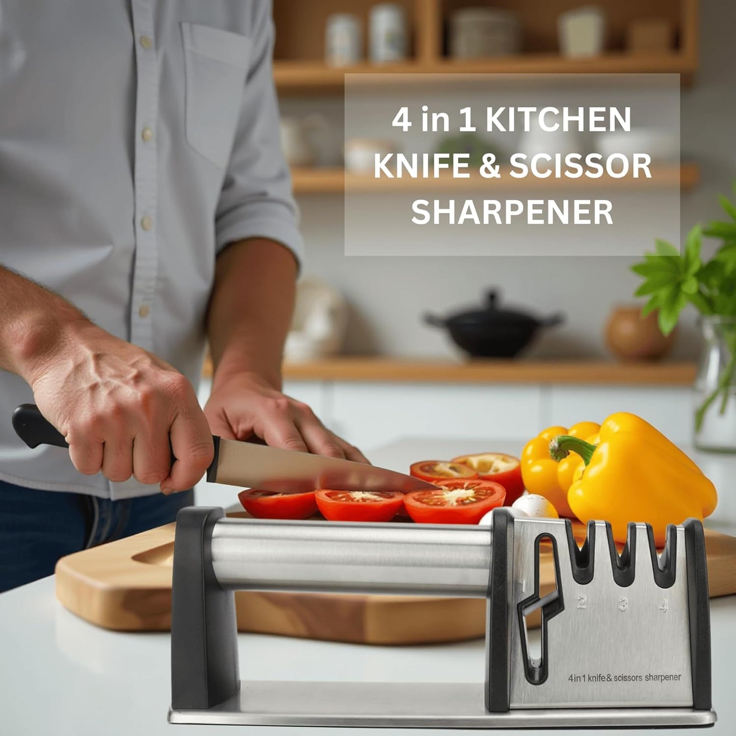 Knife Sharpener, 4 in 1 Manual Kitchen Knives & Scissors Sharpener – Diamond, Tungsten & Ceramic Blades, Ergonomic Non-Slip Knife Sharpening Kit, Compact, Easy & Safe to Use, Black
