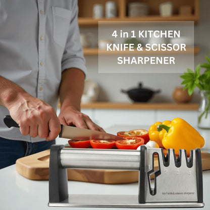 Knife Sharpener, 4 in 1 Manual Kitchen Knives & Scissors Sharpener – Diamond, Tungsten & Ceramic Blades, Ergonomic Non-Slip Knife Sharpening Kit, Compact, Easy & Safe to Use, Black