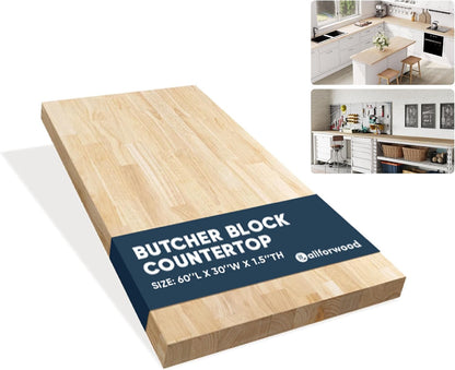 36''L x 25''W x 1.5''Th Hevea Solid Wood Butcher Block Countertop, Butcher Block Table Top for DIY Washer Dryer/Island/Kitchen Countertop (Unfinished)
