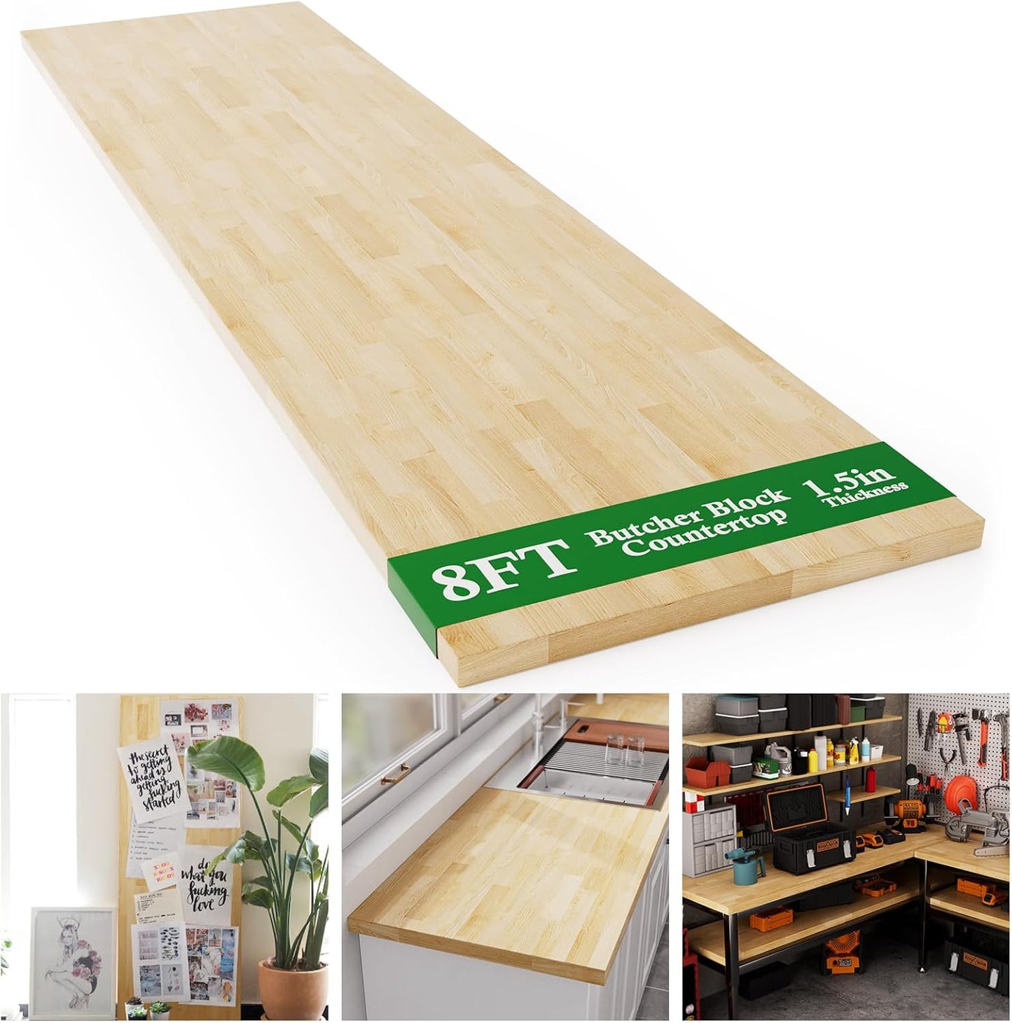 4FT Butcher Block Countertop Birch Solid Wood - 50" x 25" Table Top Butcher Block Cutting Board for Kitchen Island Cart Living Dining Office Desk Workbench Washer Dryer Countertop Unfinished 1.5" Th