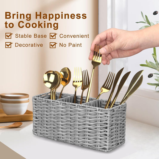 Ayiaren Wicker Flatware Silverware Caddy Cutlery Holder Kitchen Silverware Organizer Storage for Countertop Small Utensil Holders Party Table Spoon Knives Fork Holder Flatware Utensils Caddy Basket