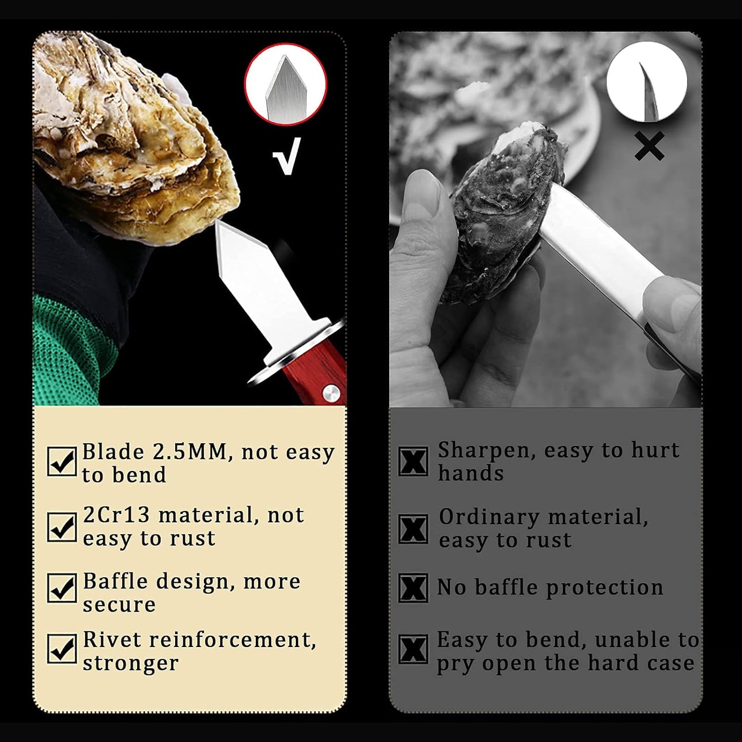 Oyster Shucker Knife with Wooden Non-slip Handle Clam Opener Oyster Knife Not Easy To Break and Bend with 5-leve Protection Food Grade Oyster Shucking Knife and Gloves (M),Oyster Shucking Kit