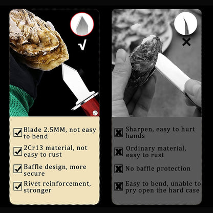 Oyster Shucker Knife with Wooden Non-slip Handle Clam Opener Oyster Knife Not Easy To Break and Bend with 5-leve Protection Food Grade Oyster Shucking Knife and Gloves (M),Oyster Shucking Kit