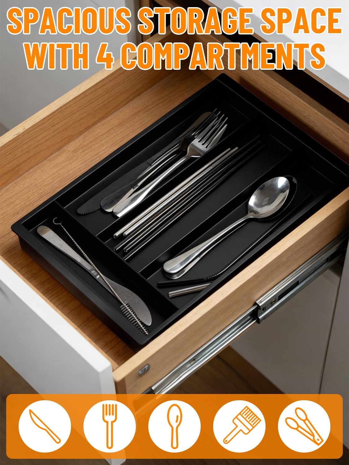Silverware Drawer Organizer Tray, Adjustable Small Utensil Holder for Spoon and Fork, Expandable Flatware Cutlery Tray for Kitchen Drawers (Black)