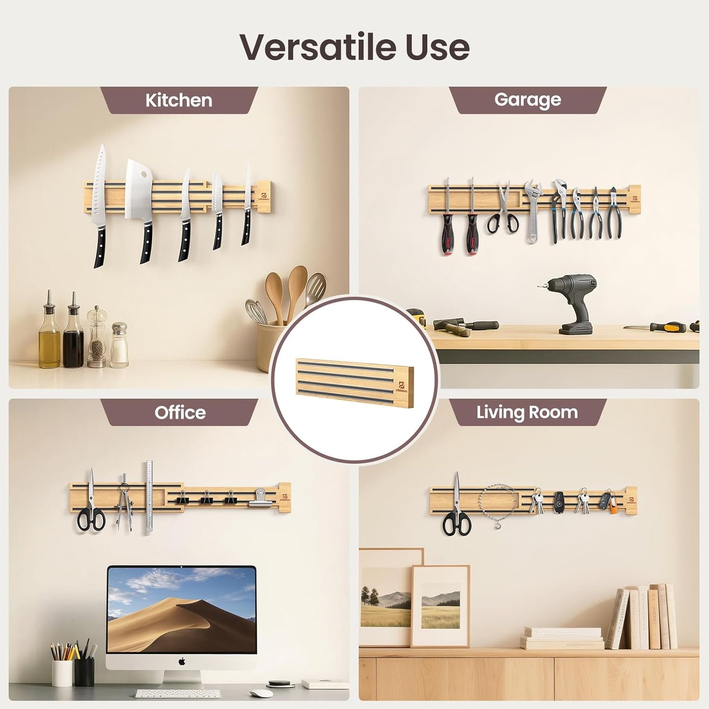 Extendable 32Inch Magnetic Knife Holder for Wall with Screw & Adhesive Mounting, Wood Magnetic Knife Strip from 16 to 32 Inch for Knife Bar, Knife Holder, Kitchen Utensil Organizer or Tool Room