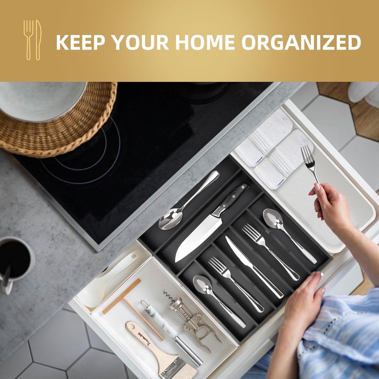 Silverware Organizer Bamboo Kitchen Drawer Organizer Utensil Organizer Silverware Holder Cutlery Organizer in drawer Flatware Organizer Tray (Black 5 Slots)