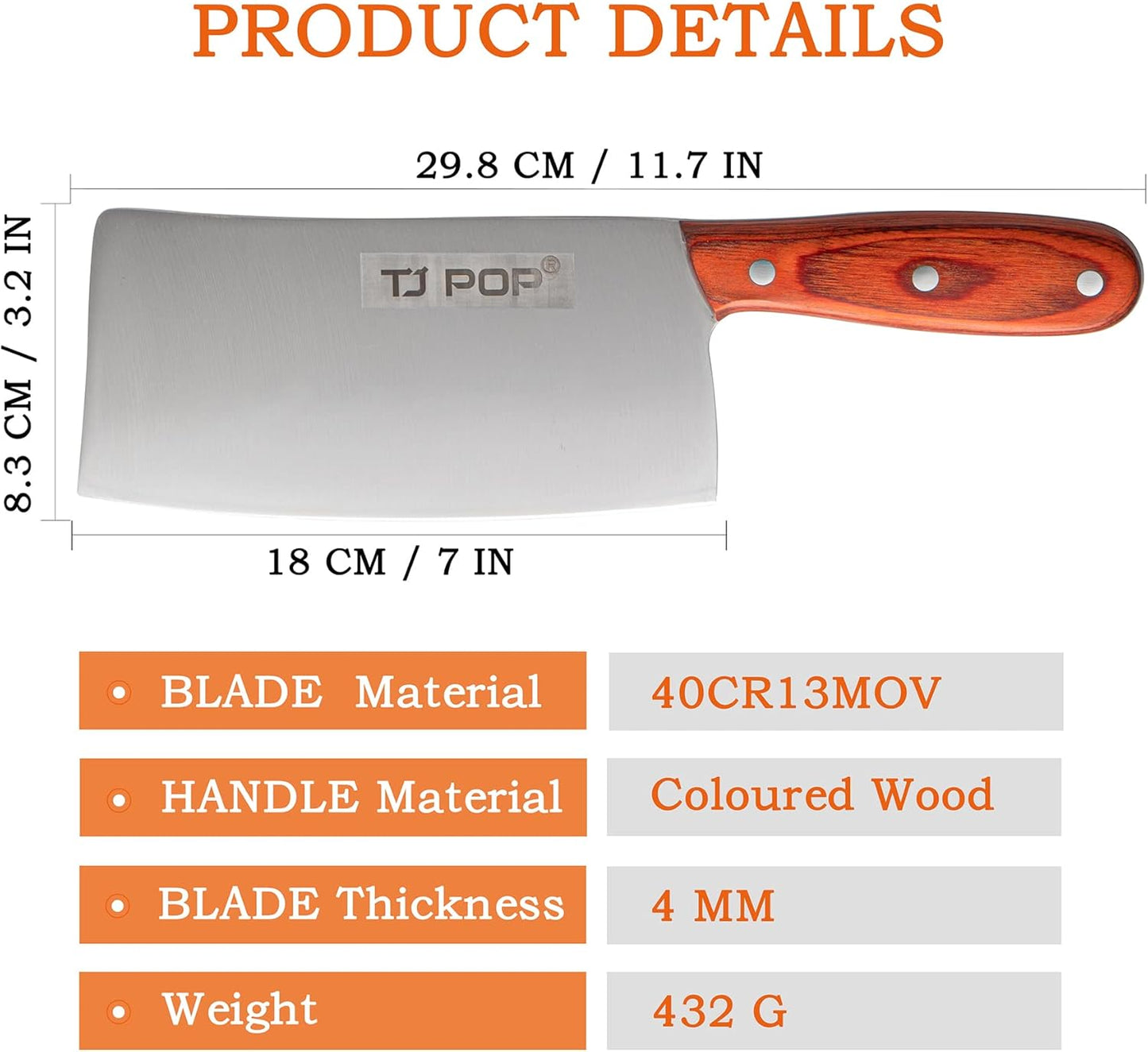 Meat Cleaver Knife 7.4 Inch, Ultra Sharp Chinese Chef's Knives, Full-tang Chopping Knife, 30Cr13 Steel Blade Thickness 2.5 mm, TJ SEGA Series TC1707