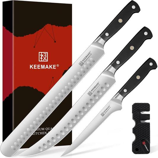 KEEMAKE Carving Knife Set - 12" Brisket Knife & 10" Butcher Knife & Boning Knife Set for Meat Ham Cutting Razor Sharp with Ergonomic Handle Full Tang Design