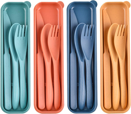 8 Color Travel Utensil Set with Case, Reusable Spoon Knife Forks Box Utensil Set for Lunch for Adult and Elderly, Service for 8