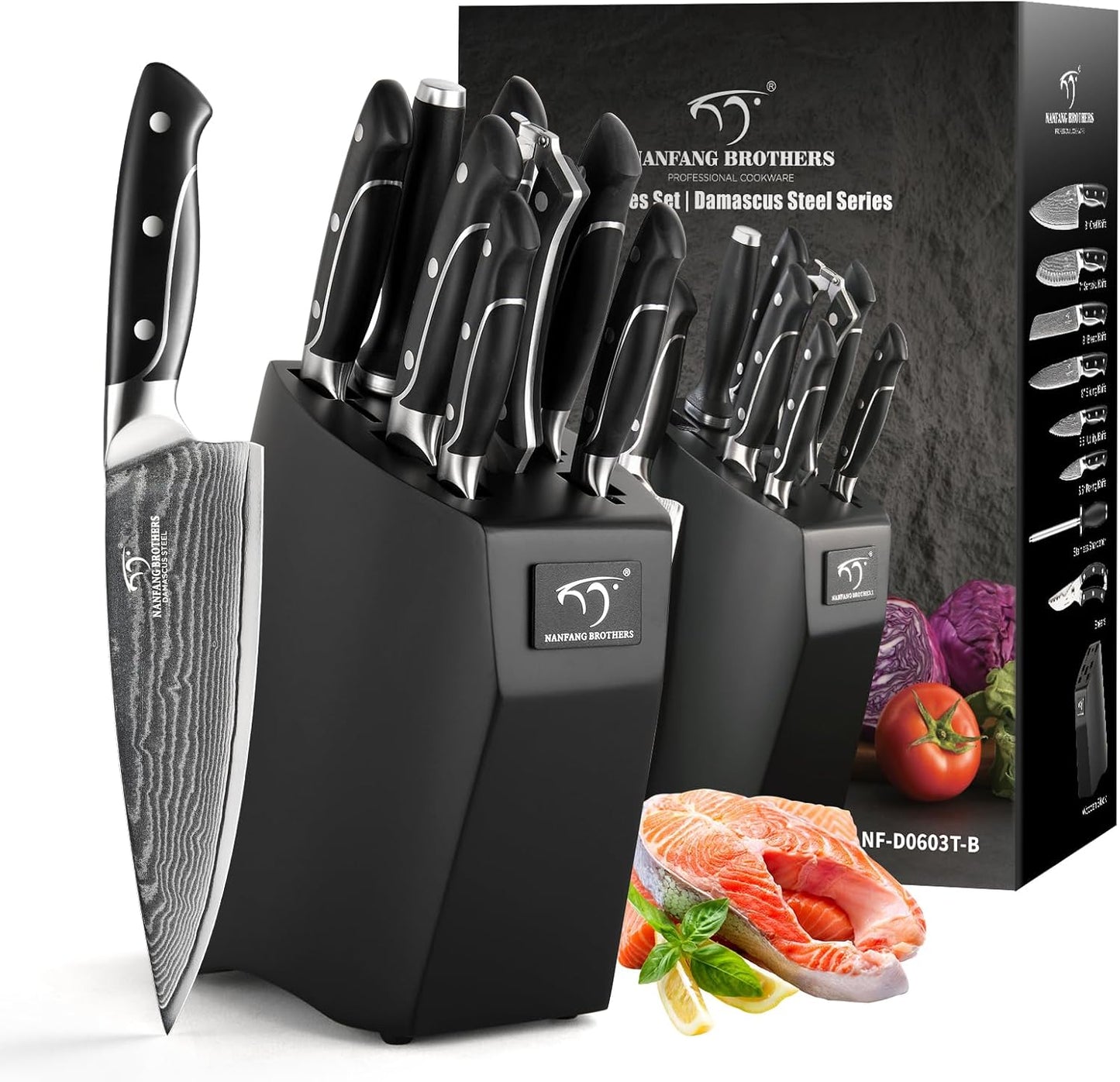 18 Pieces Damascus Kitchen Knife Set, 8 Piece Steak Knives, Non-slip ABS Ergonomic Triple Rivet Handle for Meat Fork, Knife Sharpener and Shears, 17 Slots Fraxinus Manchuria Knife Block (Grey)