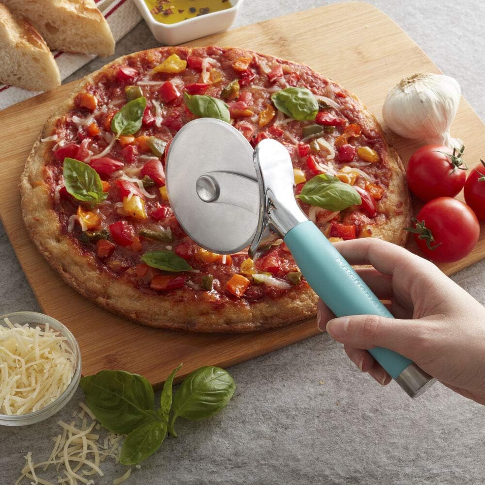 KitchenAid Gourmet Stainless Steel Pizza Wheel with Sharp Blade to Easily Cutting Pizza Crusts, Pies, and more, Finger Guard for Safety and Comfort Grip to Protect Fingers, Dishwasher Safe, Black