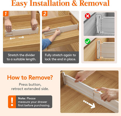 Lifewit Drawer Dividers for Clothes, 3.2" High 10.5"-16.5" Expandable Dresser Drawer Organizers, Adjustable White Plastic Separators for Kitchen, Cabinet, Nursery, Socks & Underwear Storage, 4 Pack