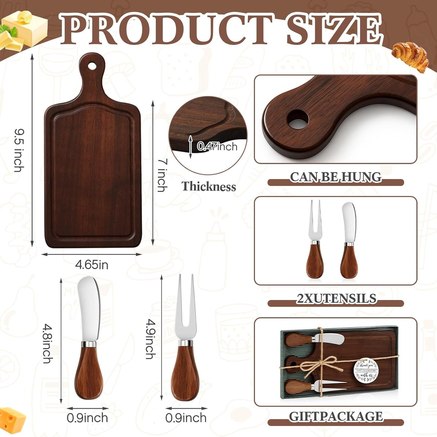 1 Set Bridal Baby Shower Cheese Prizes Wooden Square Board Gift Set Knives Forks Thank You Tags with Box for Guests for Valentines Bridal Baby Shower Housewarming Gifts (Bamboo Color)