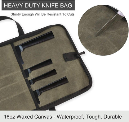 Ruibo Chef's Knife Roll Bag, Waxed Canvas Knife Carrying Case With Durable Handles, Portable Knife Roll Case For Working,4 Slots