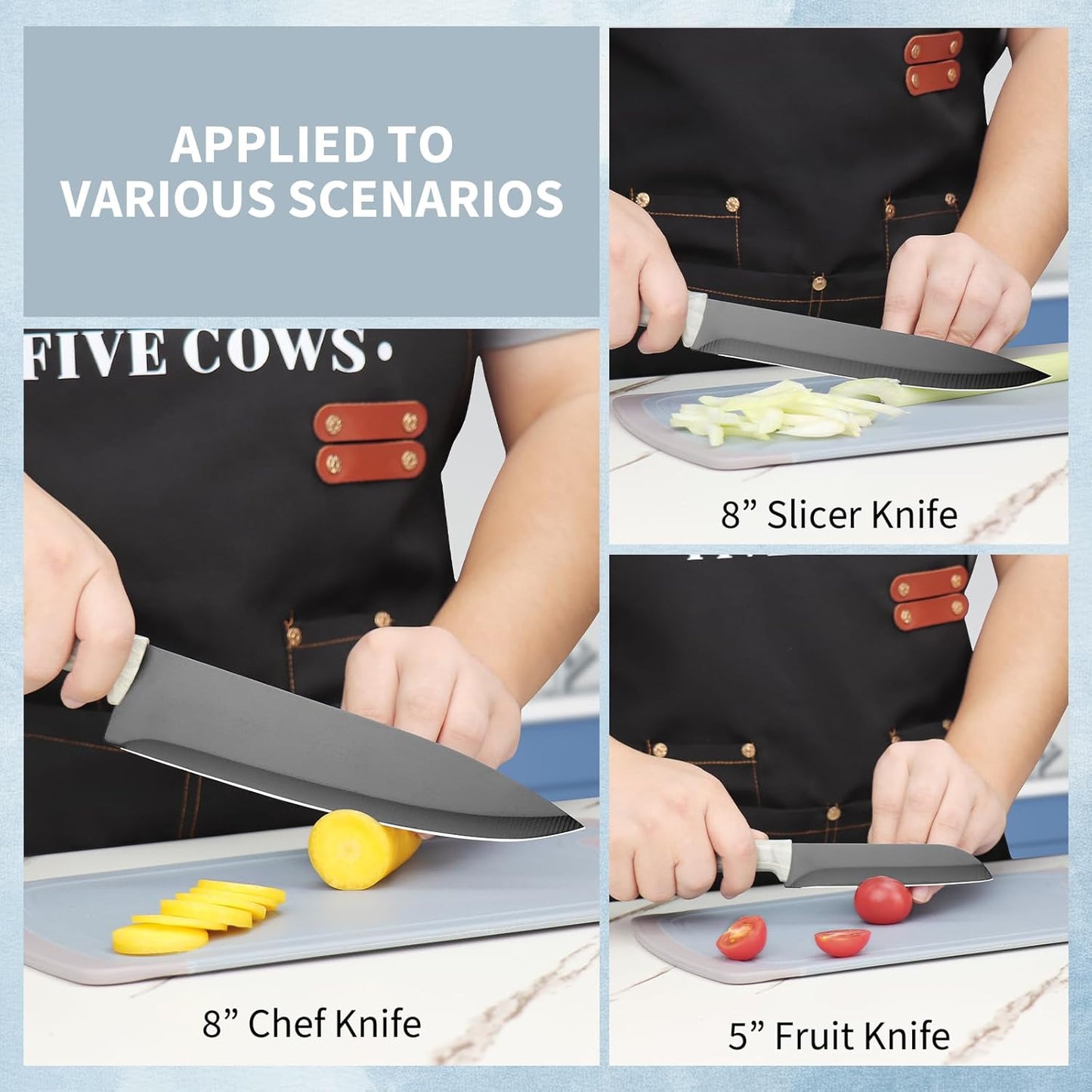 16-Piece Kitchen Knife Block Set with Cutting Board - German Stainless Steel Knives, Built-In Sharpener, Dishwasher Safe, Anti-Slip Handle - All-in-One Cutlery Set for Home/Kitchen (Cyan)