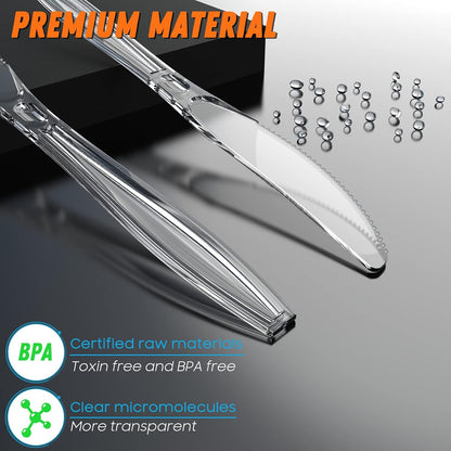 Dipoo 7.5" Clear Plastic Knives Heavy Duty Upgraded Heat Resistant & BPA Free, Solid and Durable Plastic Cutlery, Premium Disposable Knives, for Party Supply(84 Count)