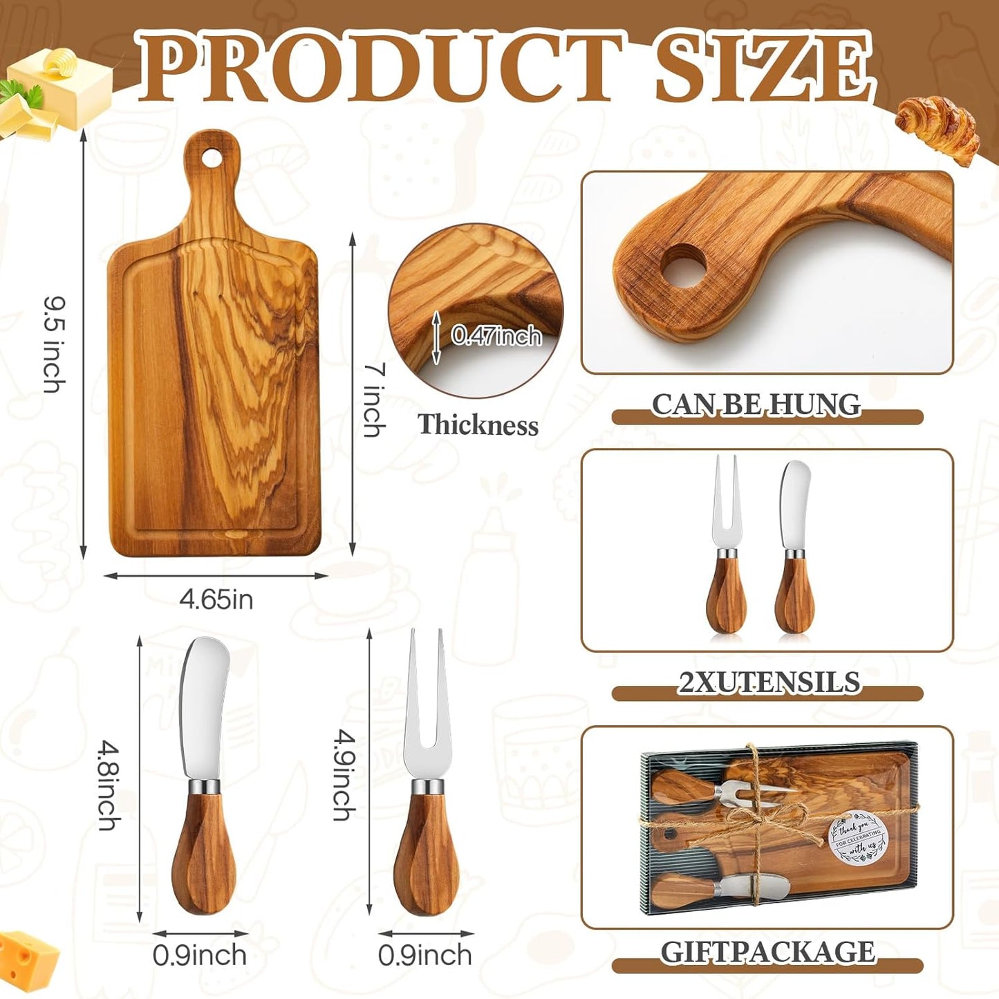 1 Set Bridal Baby Shower Cheese Prizes Wooden Square Board Gift Set Knives Forks Thank You Tags with Box for Guests for Valentines Bridal Baby Shower Housewarming Gifts (Bamboo Color)