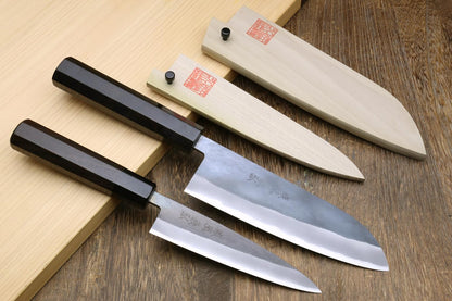 Yoshihiro Kurouchi Black-Forged Blue Steel Stainless Clad Santoku Chefs Knife and Petty Utility Knife 2pc Set Ebony Handle (Santoku 165mm / Petty 135mm & Saya Cover)