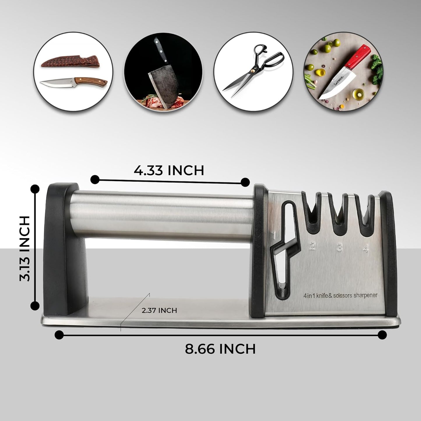 Knife Sharpener, 4 in 1 Manual Kitchen Knives & Scissors Sharpener – Diamond, Tungsten & Ceramic Blades, Ergonomic Non-Slip Knife Sharpening Kit, Compact, Easy & Safe to Use, Black