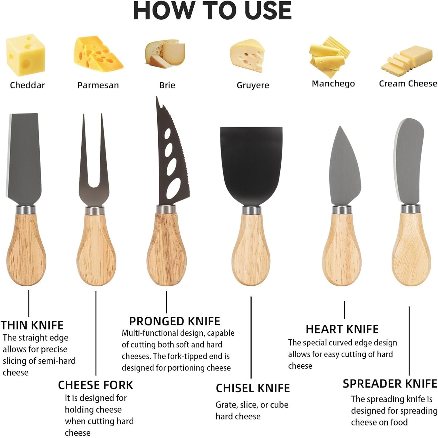 Charcuterie Boards Accessories, Cheese Knife Set, Cheese Board Set with Wooden Handle, Butter Knives Spreader Forks Tongs Honey Dipper and Toothpick Flags for Party Platter Making (11 Pack)