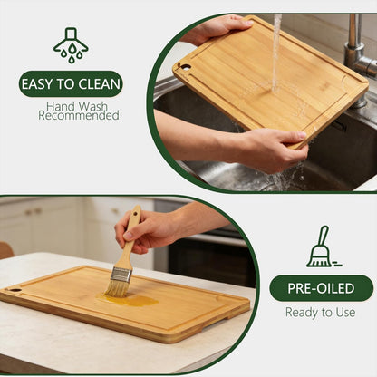 Cutting Boards for Kitchen, Bamboo Cutting Board Set of 3 with Storage Stand, Deep Carbonized Chopping Boards with Deep Juice Grooves and Side Handles for Meat, Vegetables, Fruit and Meal Prep