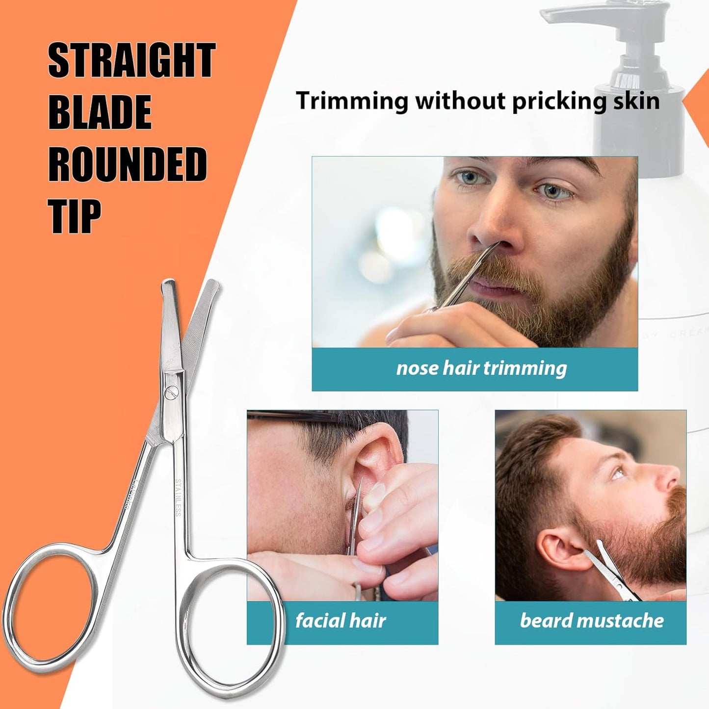 Facial Hair Small Grooming Scissors For Men Women - Eyebrow, Nose Hair, Mustache, Beard, Eyelashes, Ear Trimming Kit - Curved and Rounded Safety Tip Clippers For Hair Cutting - 2PCS Silver
