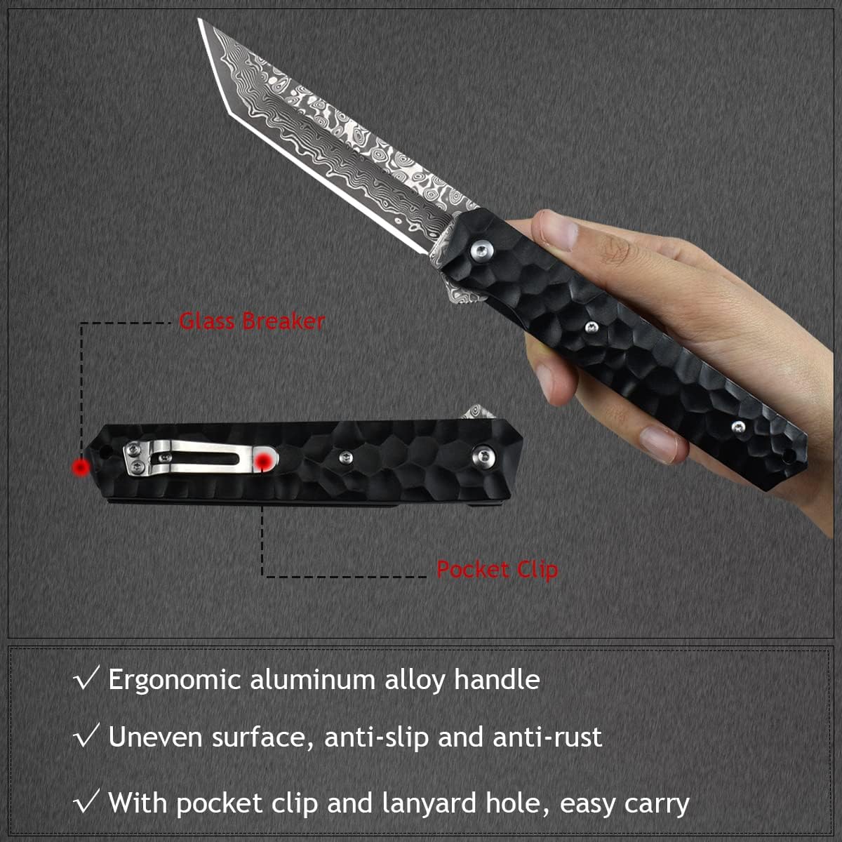 AUBEY Damascus Pocket Knife with Clip, Sharp Tanto Blade with VG10 Core Folding Knife with Abalone Shell Handle and Glass Breaker, EDC Camping Knife for Gift Survival Collection