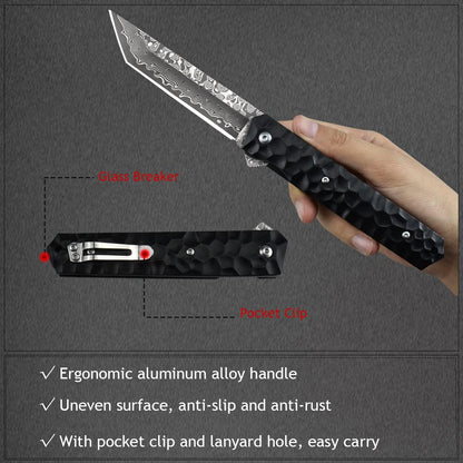 AUBEY Damascus Pocket Knife with Clip, Sharp Tanto Blade with VG10 Core Folding Knife with Abalone Shell Handle and Glass Breaker, EDC Camping Knife for Gift Survival Collection