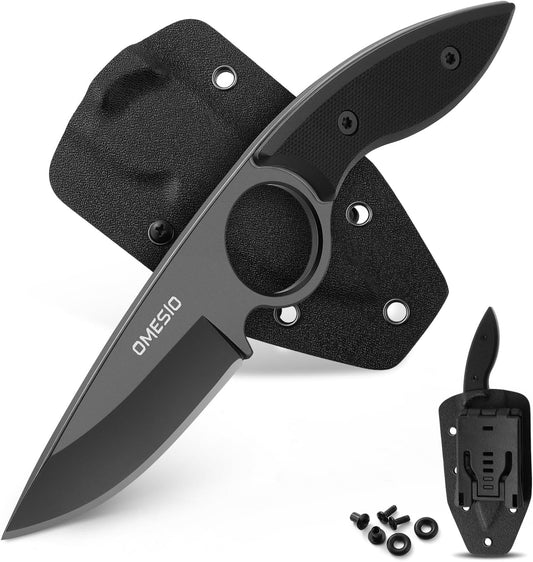 Omesio Small Fixed Blade Knife, Tactical Hunting Camping Knife with Kydex Sheath, Full Tang Stainless Steel Compact EDC Neck G10 Handle with Gift Box for Men (Black)