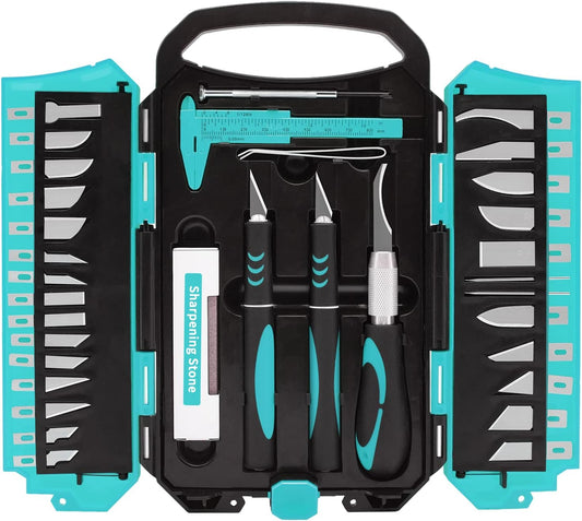 MANUFORE 34pcs Large Exacto Knife set Deluxe Craft Precision Knife Set Include 3pcs Craft Knives with Anti-Slip Rubber Grip, 25pcs Different Blades, 2pcs Needles, Sharpening Stone, Screwdriver