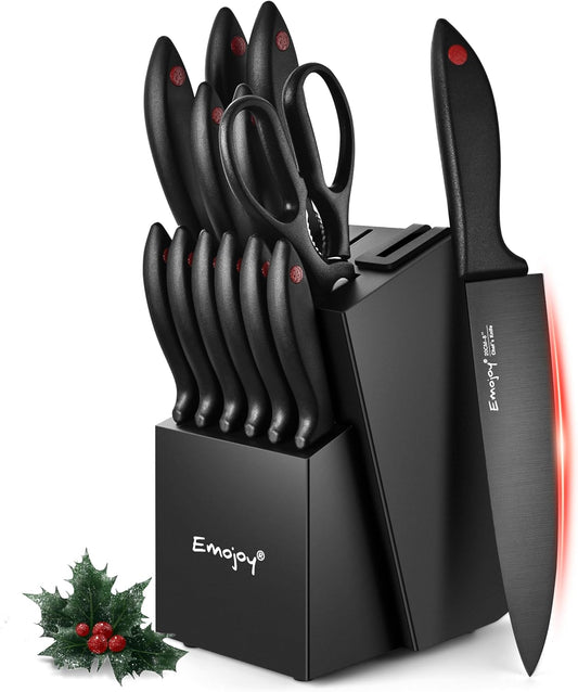 Emojoy Knife Set, Kitchen Knife Set with Block – 15 PCS German Stainless Steel Knives with Built-in Sharpener for Home Cooking, Dishwasher Safe, Black