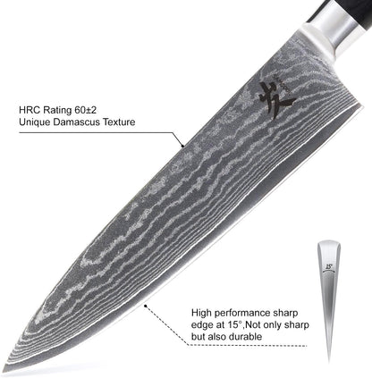 SAMCOOK Chef Knife,8 Inch Professional Sharp Hammered Damascus Knife,Japanese VG-10 High Carbon Stainless Steel Kitchen Gyuto knife,Ergonomic Black Walnut Handle with Premium Gift Box