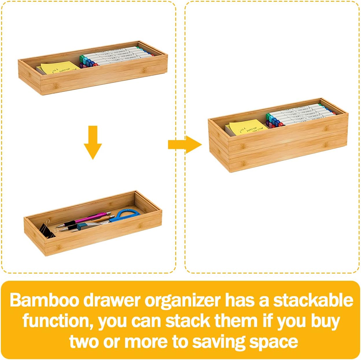 Utensil Organizer Silverware Drawer Organizer - Stackable Bamboo Flatware Caddy Cutlery Holder, Wooden Storage Boxes Tray for Bedroom,Office, Bathroom, Vanity & Garage Tool Organization(9"3"2.5")