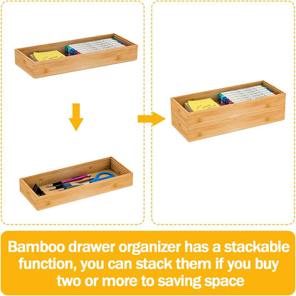 Utensil Organizer Silverware Drawer Organizer - Stackable Bamboo Flatware Caddy Cutlery Holder, Wooden Storage Boxes Tray for Bedroom,Office, Bathroom, Vanity & Garage Tool Organization(9"3"2.5")